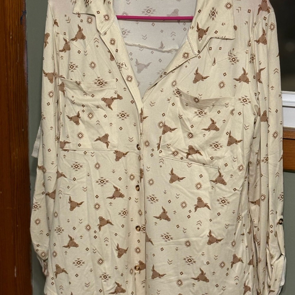 Women's Cream and Brown Button Down Shirt